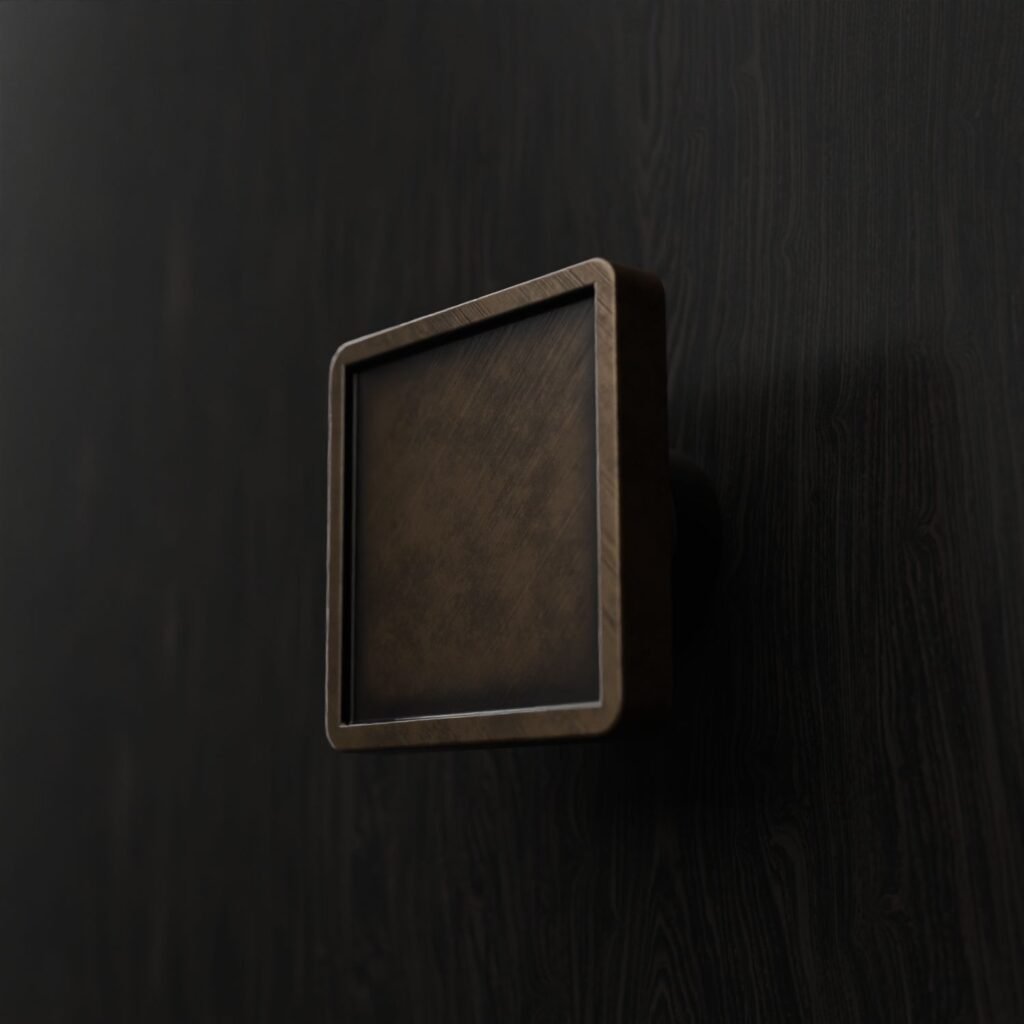 Bouton Carré Palazzo en bronze ancien sur bois sombre, Holdon Paris