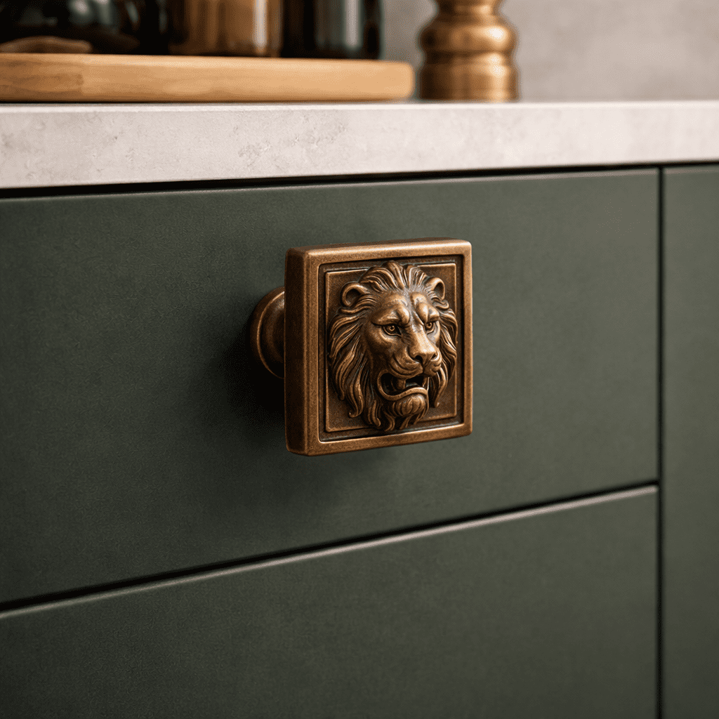 Poignée en bronze antique en forme de lion, style renaissance