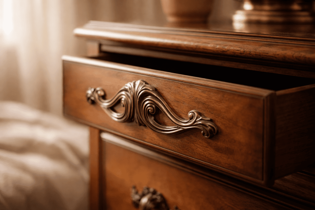 Commode en bois avec poignée en bronze patiné, chambre élégante, lumière naturelle
