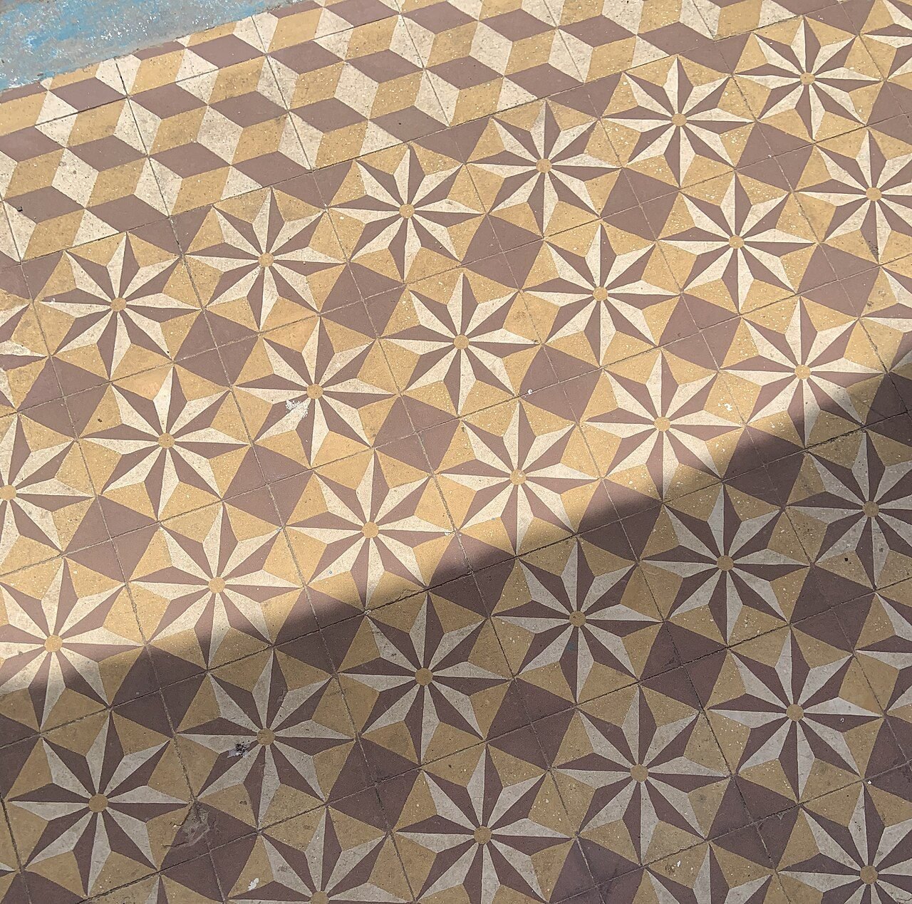 Sol de carreaux de ciment formant un motif de rosaces en étoile