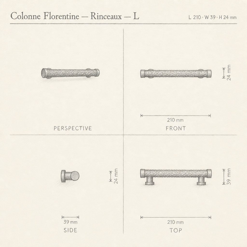 Croquis coté de la poignée Colonne Florentine Rinceaux, deux points de fixation