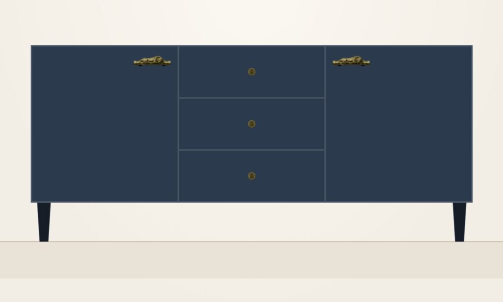 Midnight blue sideboard dressed with Satin Brass Holdon handles, drawn in the furniture try-on tool