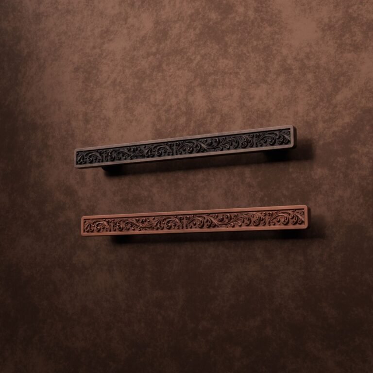 Palazzo Slim Bar, Scrollwork, L, Satin Copper, finish comparison