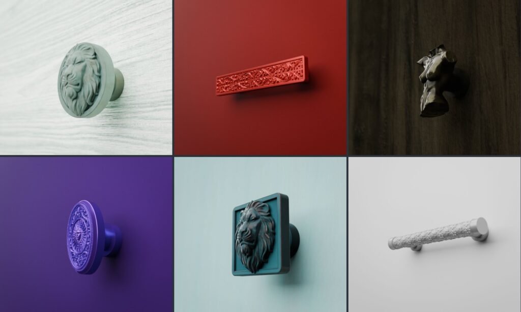 Six Holdon handles in six colors: Sleeping Lion knob, Scrollwork bar, torso, Royal Sun medallion, Sleeping Lion square and Rosette column