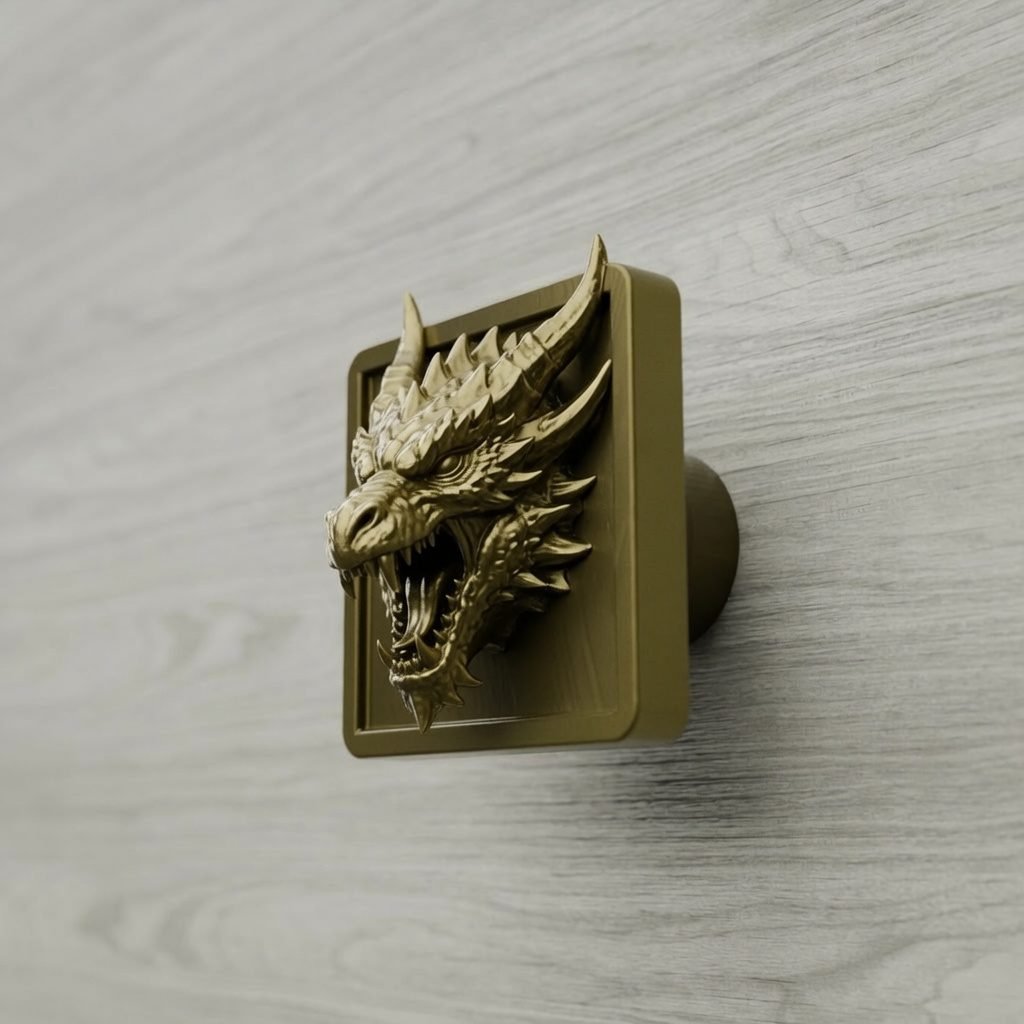 Custom cabinet knob with a sculpted dragon head, gold brass finish, on a light wood front: Holdon Paris