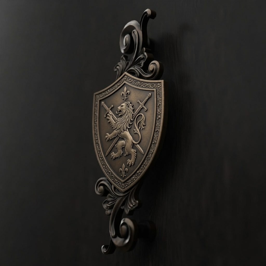 Custom cabinet handle shaped like a heraldic coat of arms: rampant lion, fleur-de-lis, and crossed swords, bronze finish: Holdon Paris