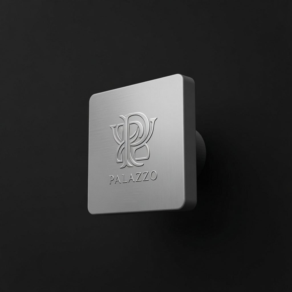 Custom square cabinet knob in brushed aluminum, engraved monogram and Palazzo logo: Holdon Paris