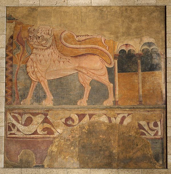 Fresque murale romane représentant un lion marchant, style roman espagnol, XIIIe siècle