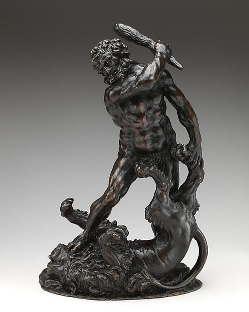 Bronze statuette of Hercules subduing the Nemean lion, deep brown lacquer patina